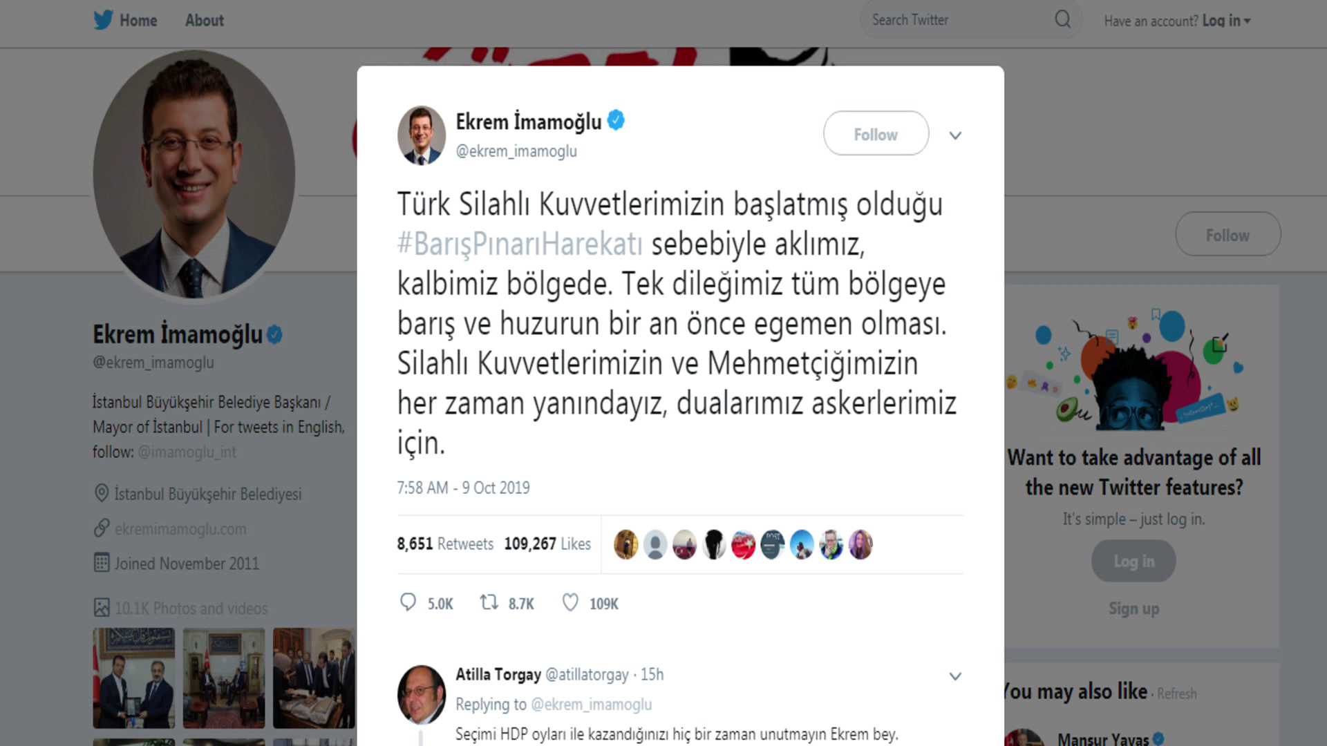 Ekrem Îmamoglu piştgiriya operasyona rojhilatê Firatê dike